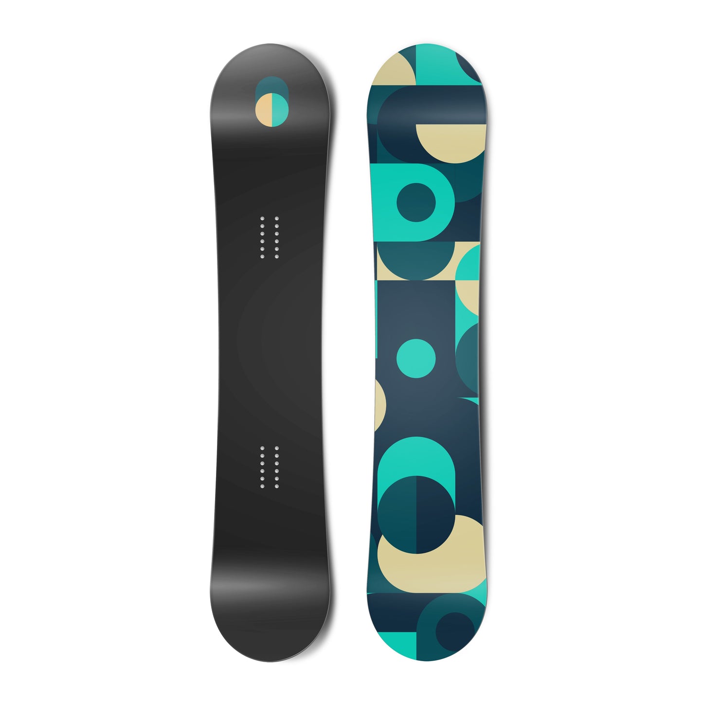 Top and bottom view of a snowboard. The top view shows a toggle at the top in shades of blue and
yellow. The bottom view shows an abstract illustration of toggles in blues and yellows.